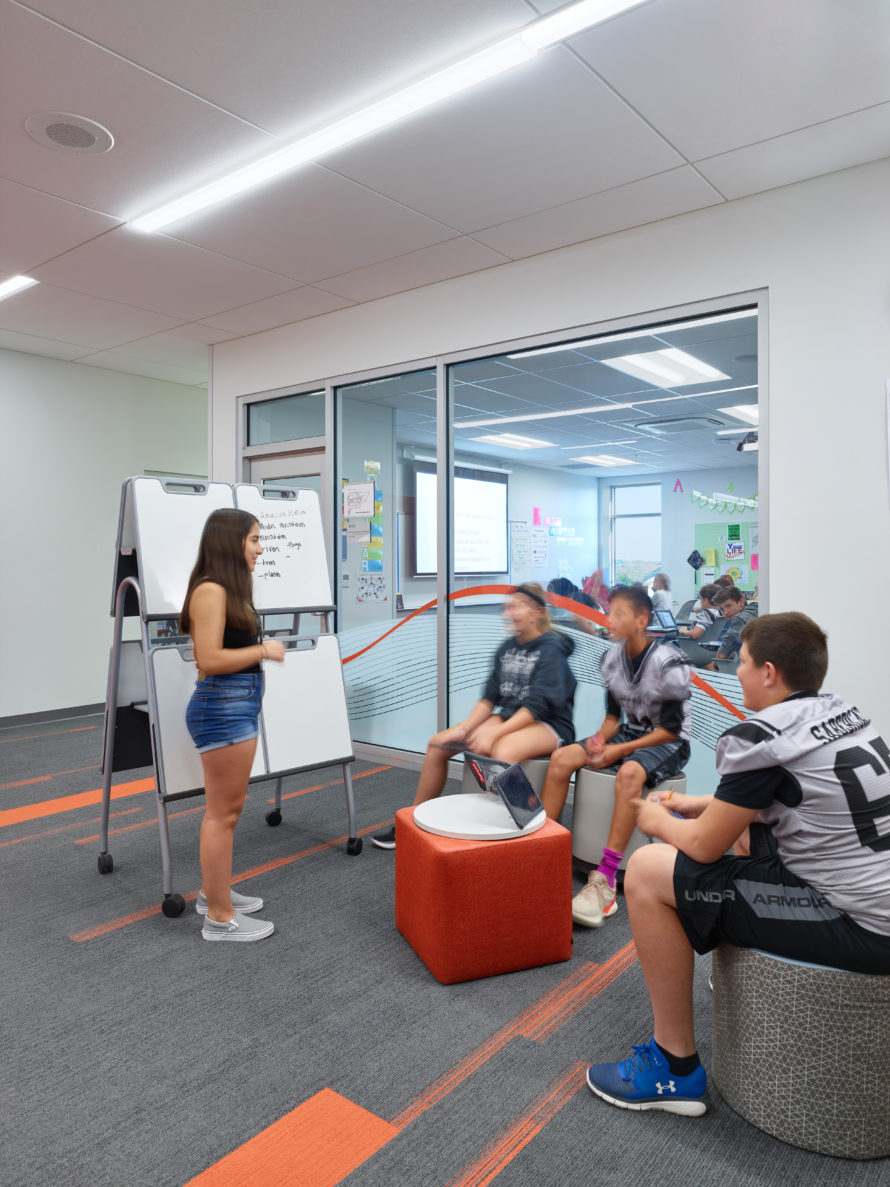 Students working together outside of a class room at Olathe USD 233 Summit Trail Middle School
