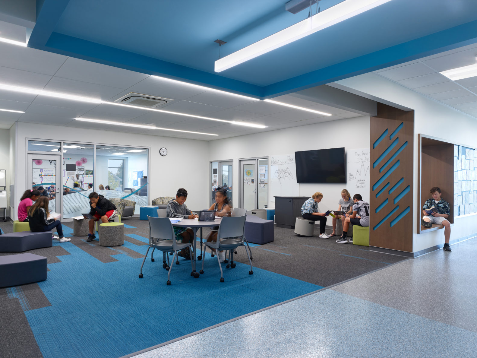 Students working in collaborative work spaces at Olathe USD 233 Summit Trail Middle School