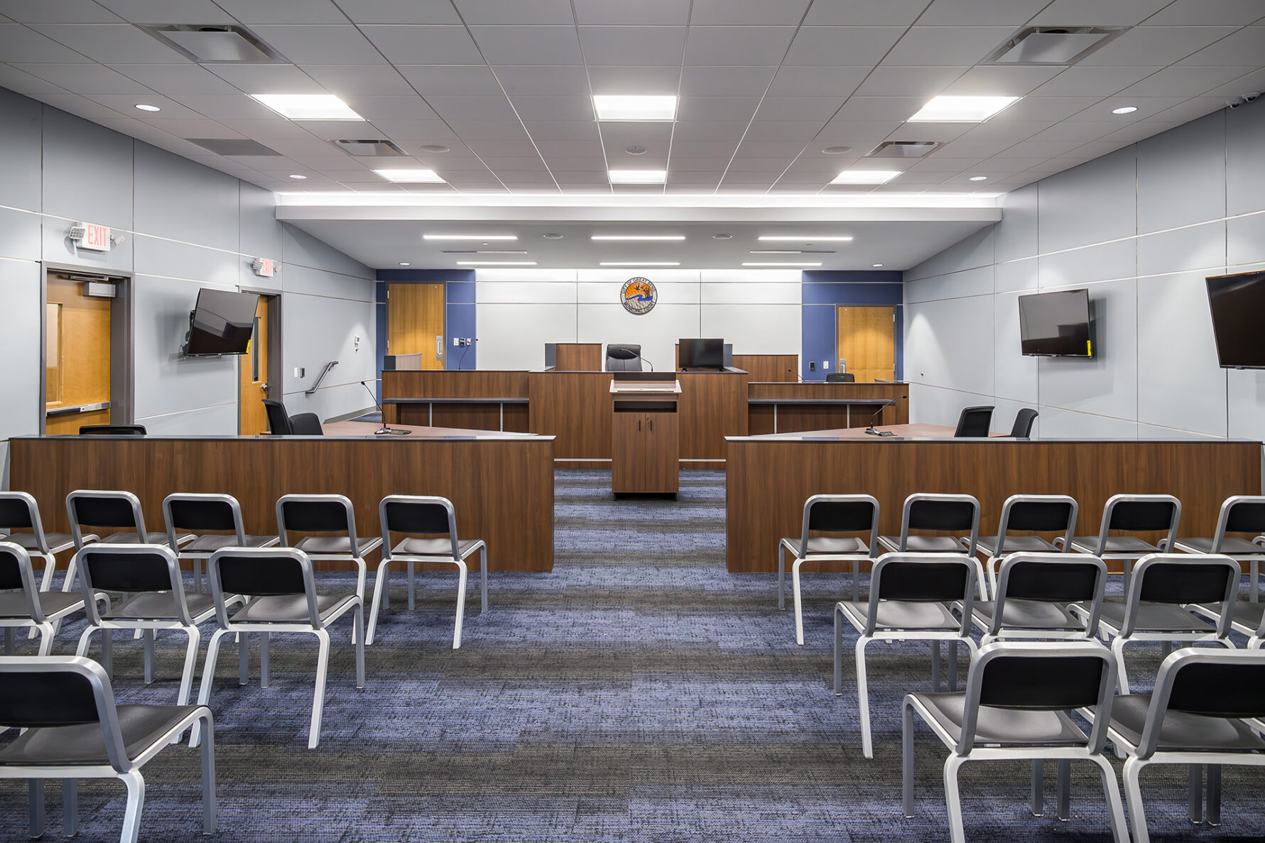 A court room at the Great Bend Justice Center, built by McCownGordon Construction.