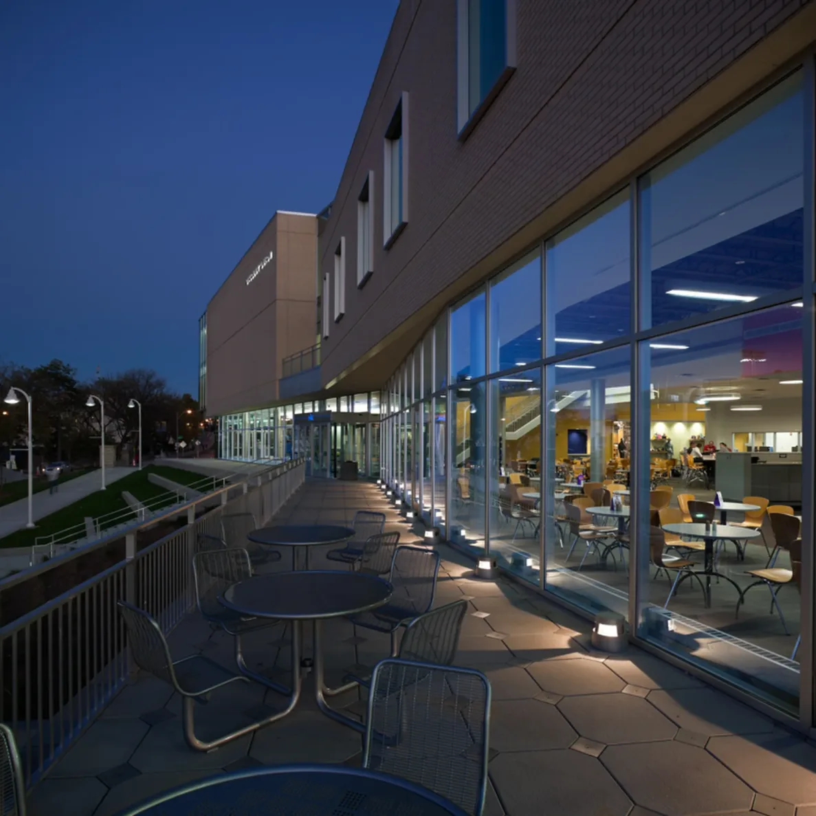 an outdoor sitting area for students