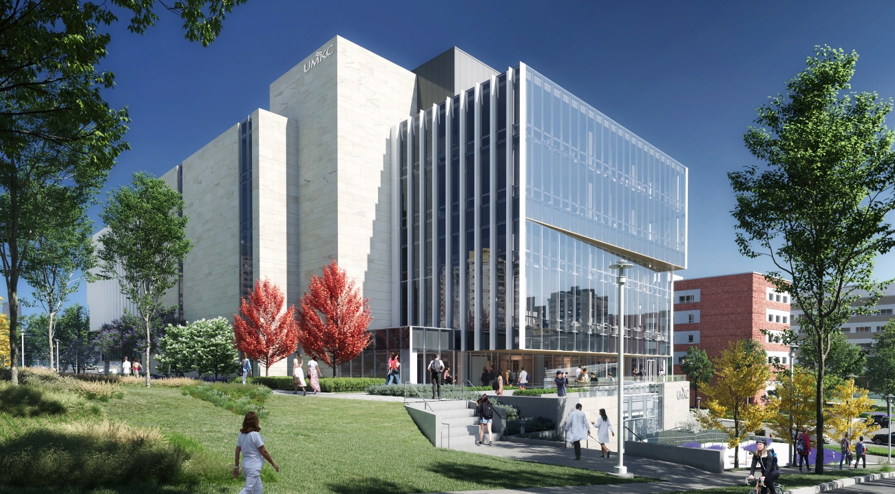 Northeast exterior rendering of UMKC Healthcare Delivery And Innovation Building