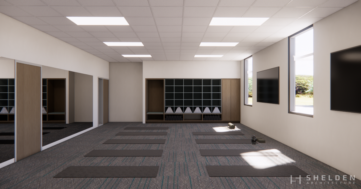 Rendering of the fitness center at the Park City Senior Center with lockers and space for fitness equipment