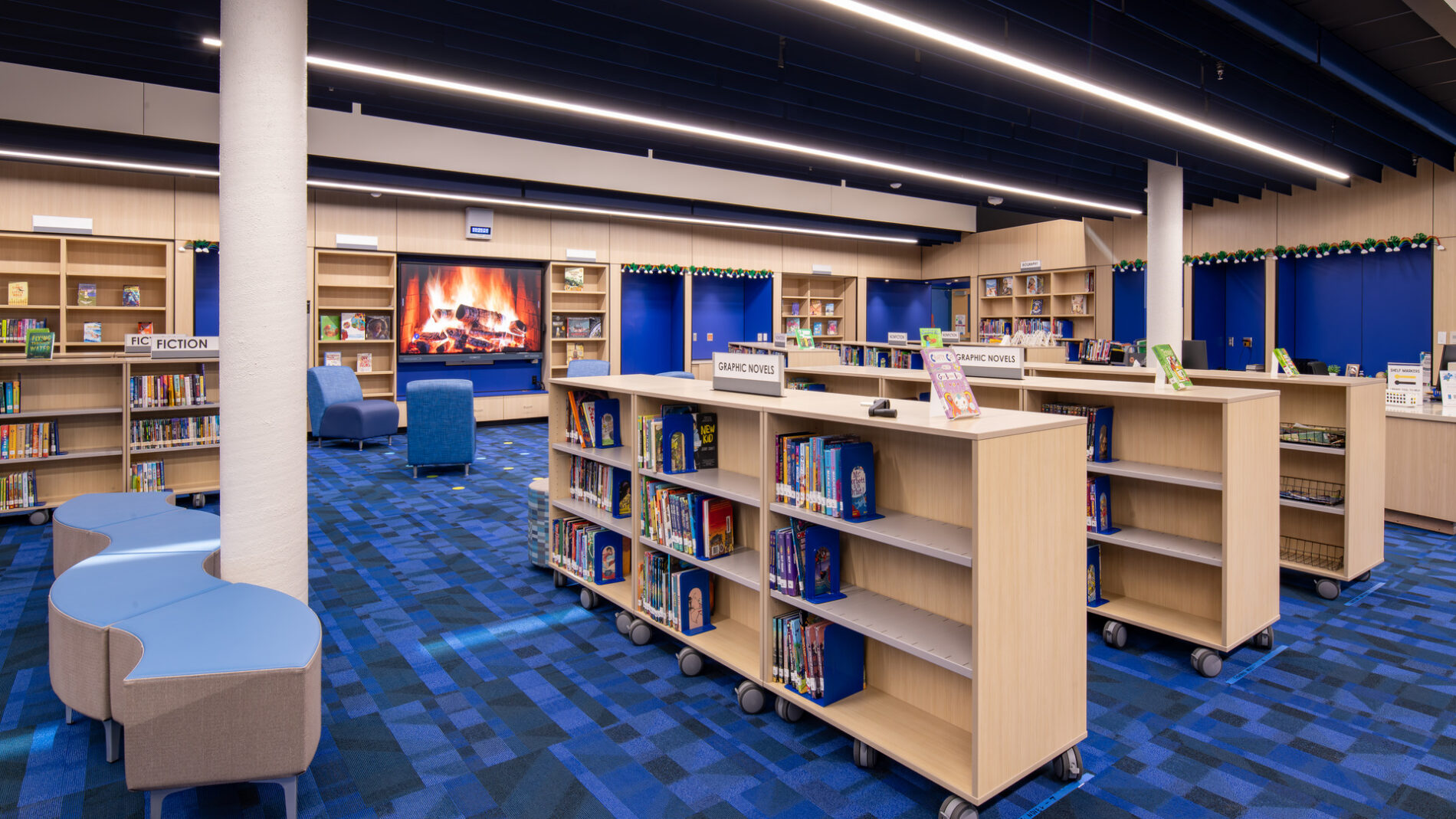 Bookshelves in library